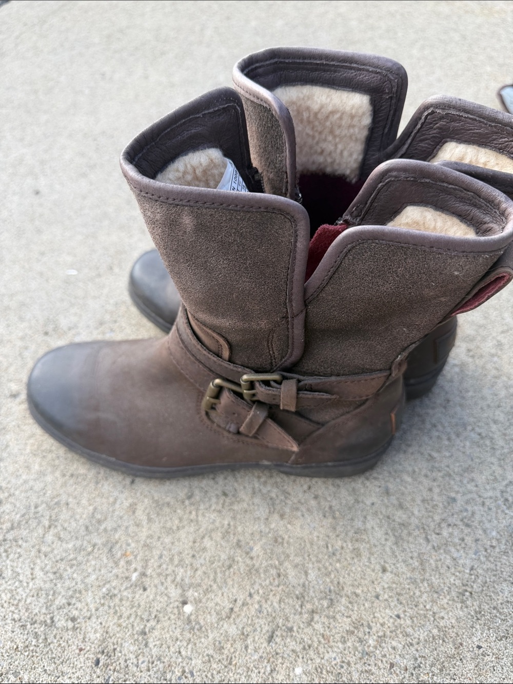UGG Brown Suede Fleece-Lined Mid-Calf Buckle Boots